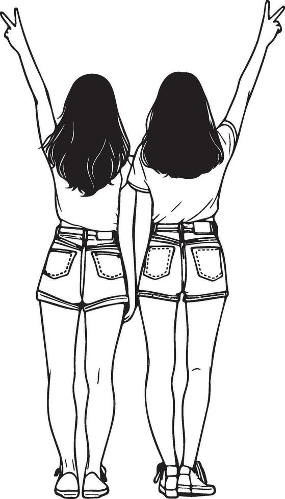 Girl Friends Sketch Drawing. vector