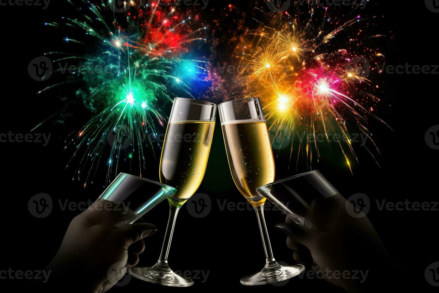 AI generated two glasses of champagne with fireworks in the background photo