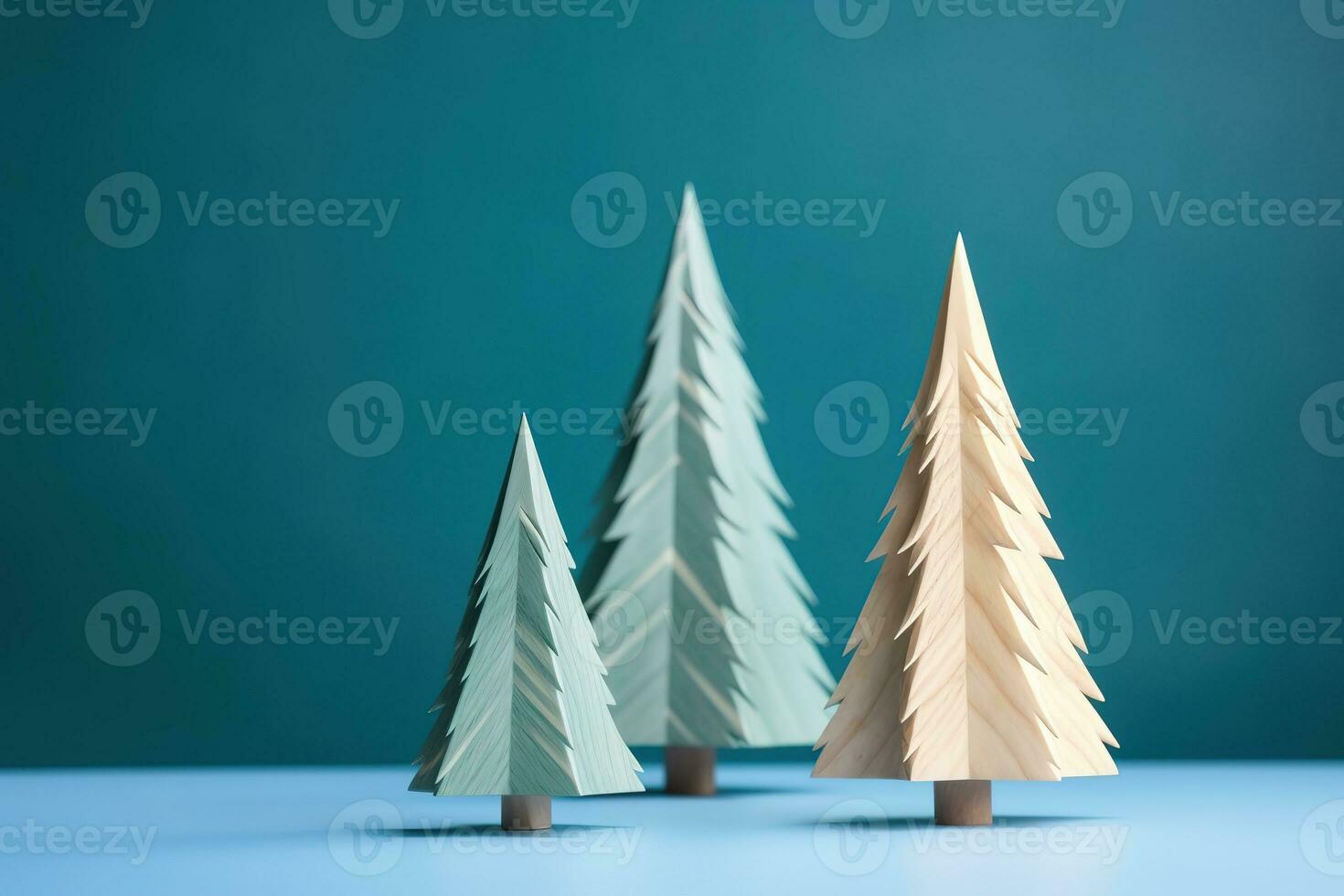 AI generated three paper christmas trees on a blue background photo