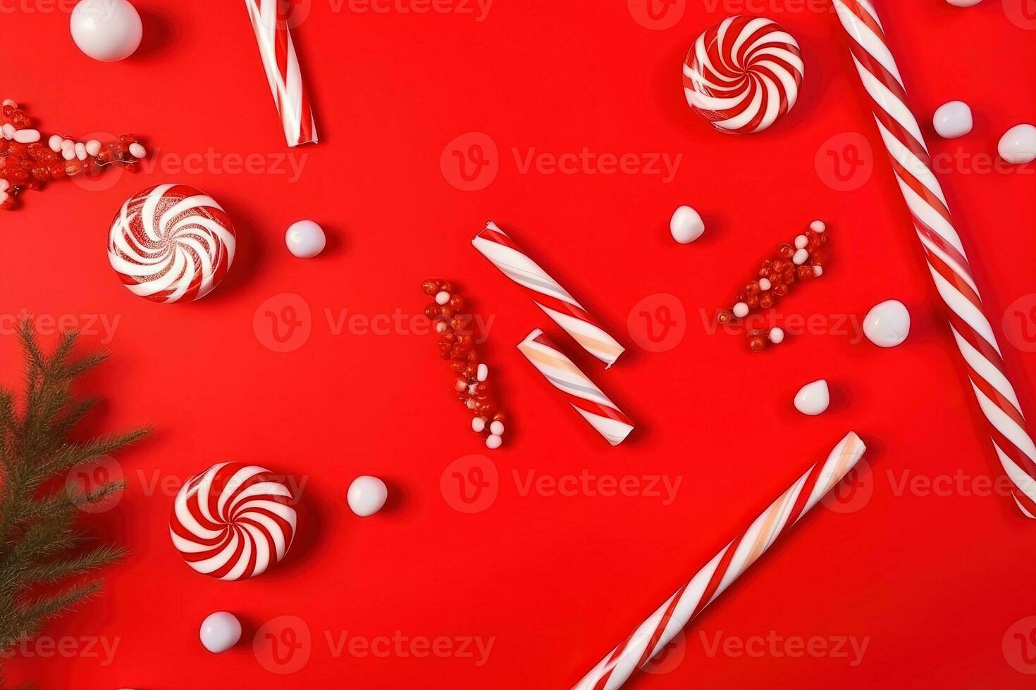 AI generated christmas candy canes and candy on red background photo