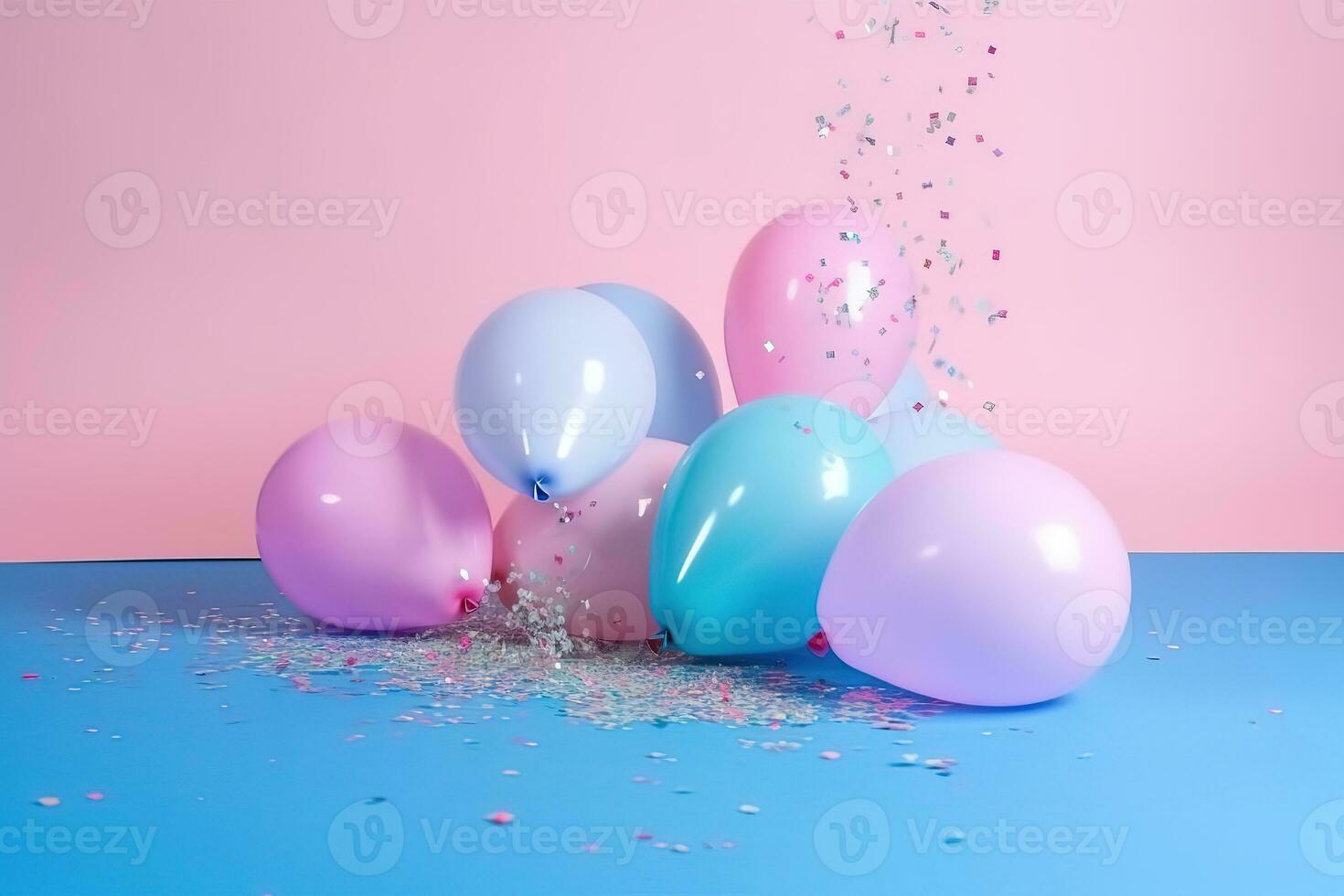 AI generated balloons and confetti on a blue background photo