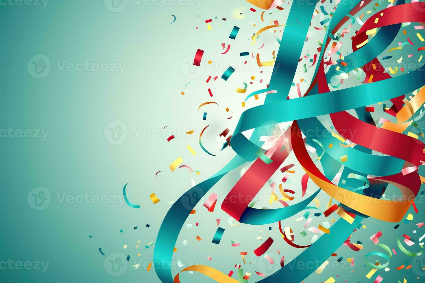 AI generated colorful ribbon and confetti on a blue background photo
