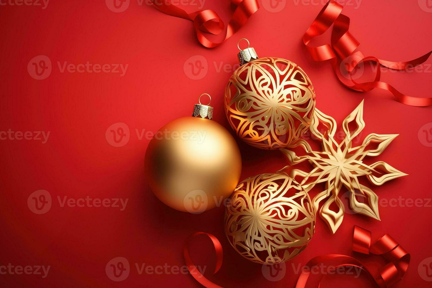 AI generated christmas background with golden balls and ribbon photo