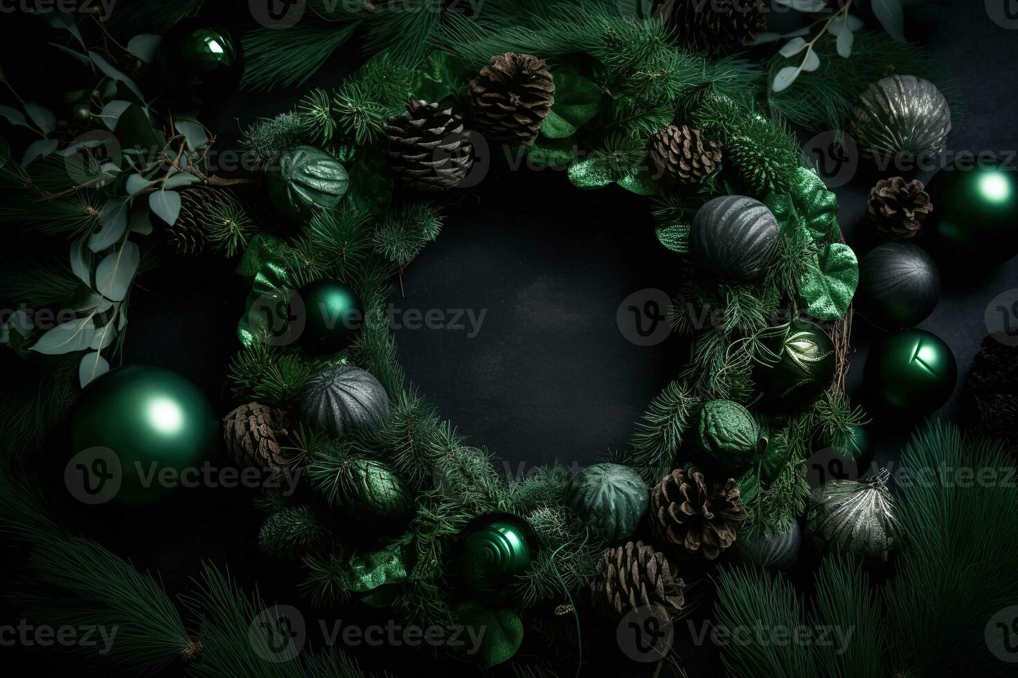 AI generated christmas wreath with green balls and pine cones on a black background photo