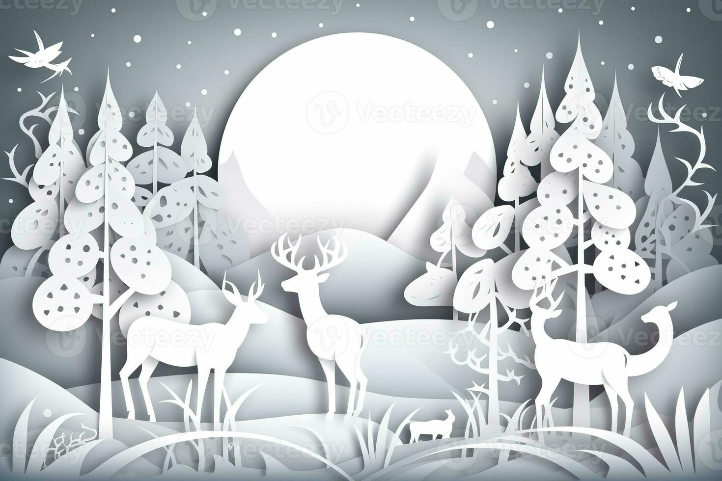 AI generated paper art of deer, deer, and birds in the forest photo