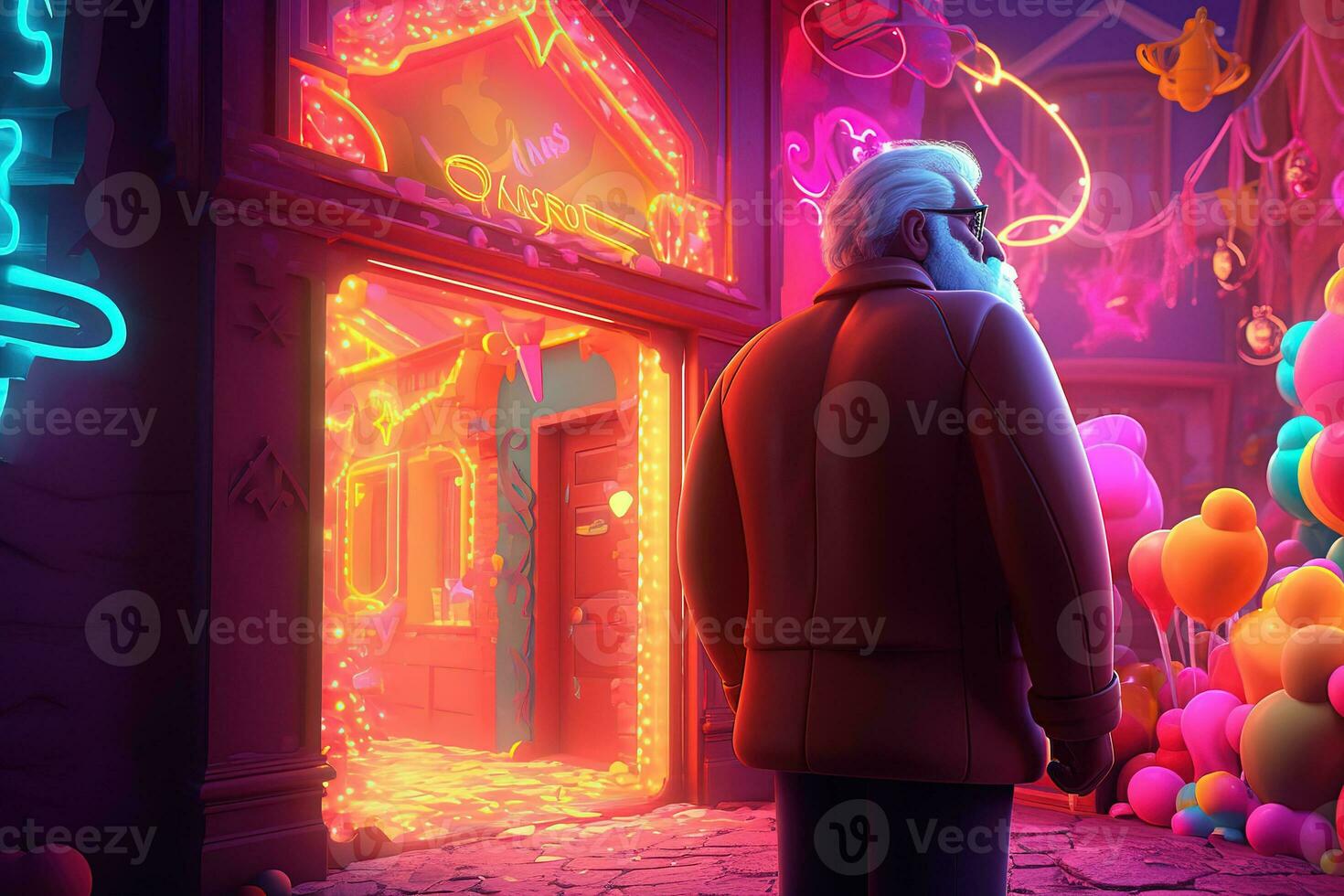 AI generated the man is standing in front of a neon sign photo