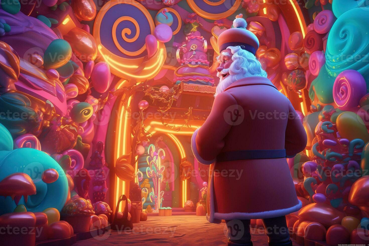 AI generated a man in a santa suit standing in front of a candy store photo