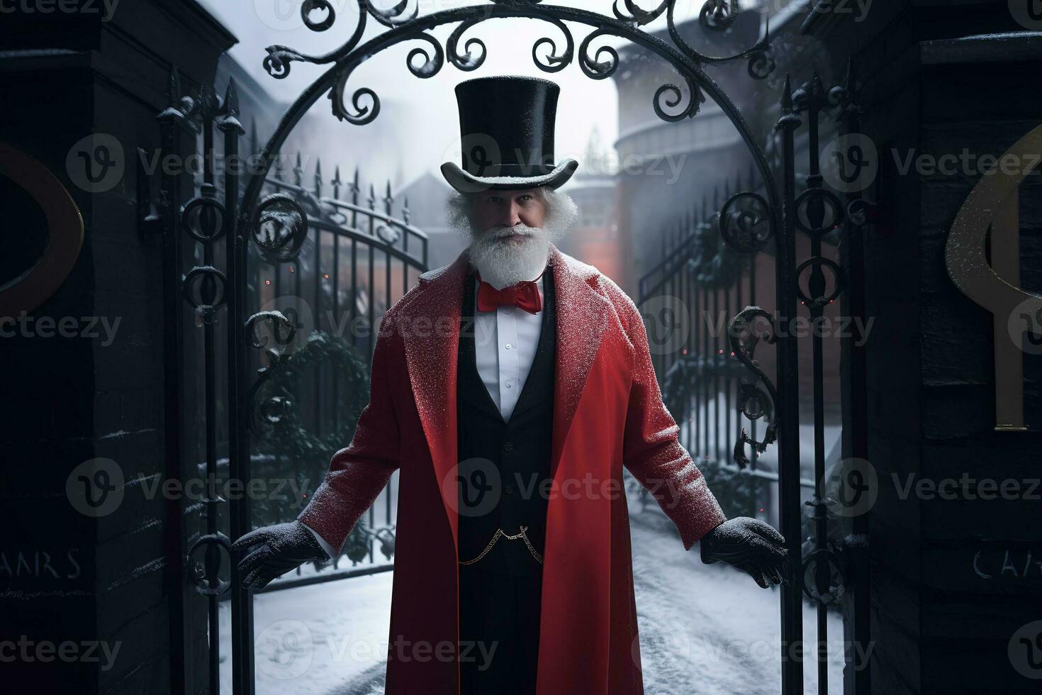 AI generated a man in a red coat and top hat standing in front of an iron gate photo