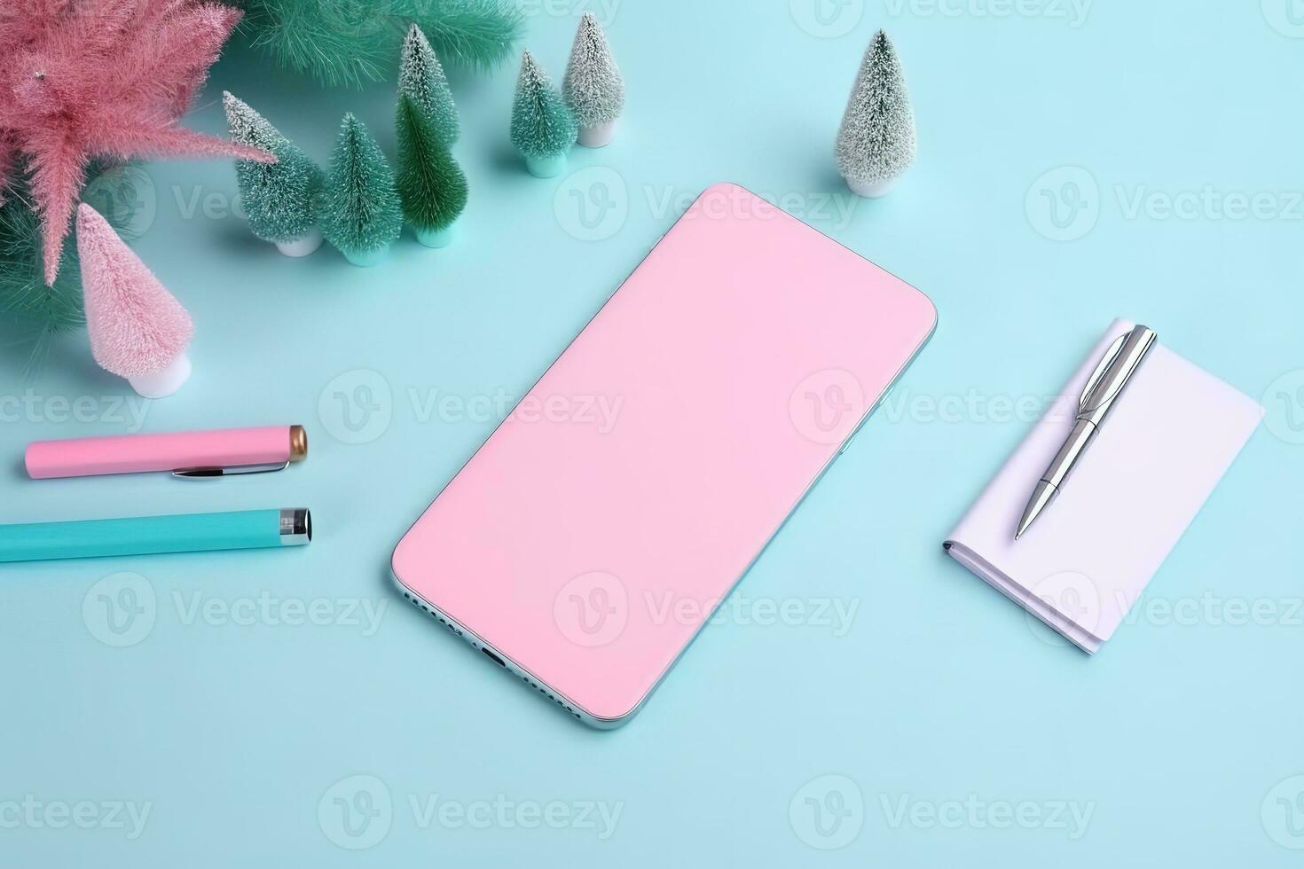 AI generated pink iphone xr case with pen, notebook, and tree photo