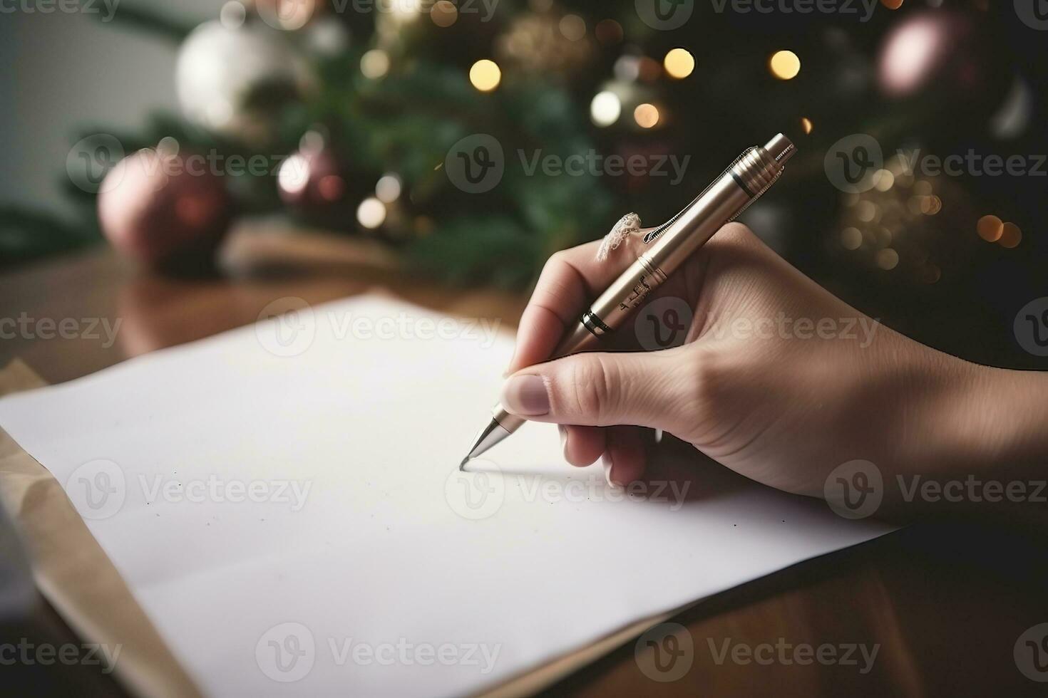 AI generated a hand writing a letter on a piece of paper with a pen in front of a christmas photo