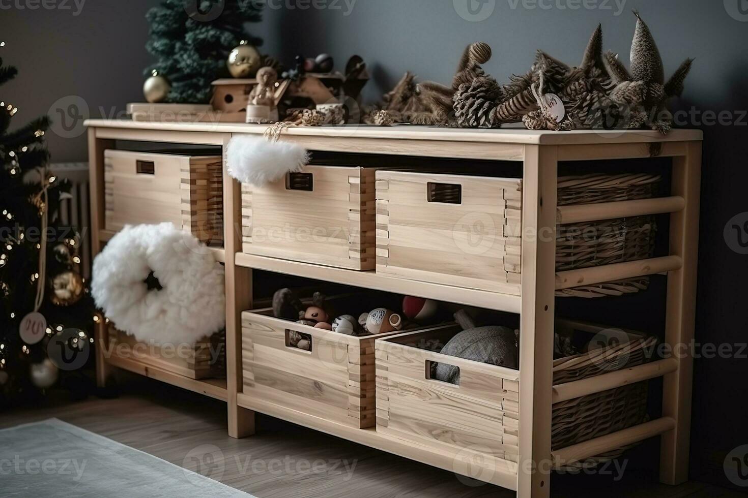 AI generated a wooden shelf with baskets and christmas decorations photo