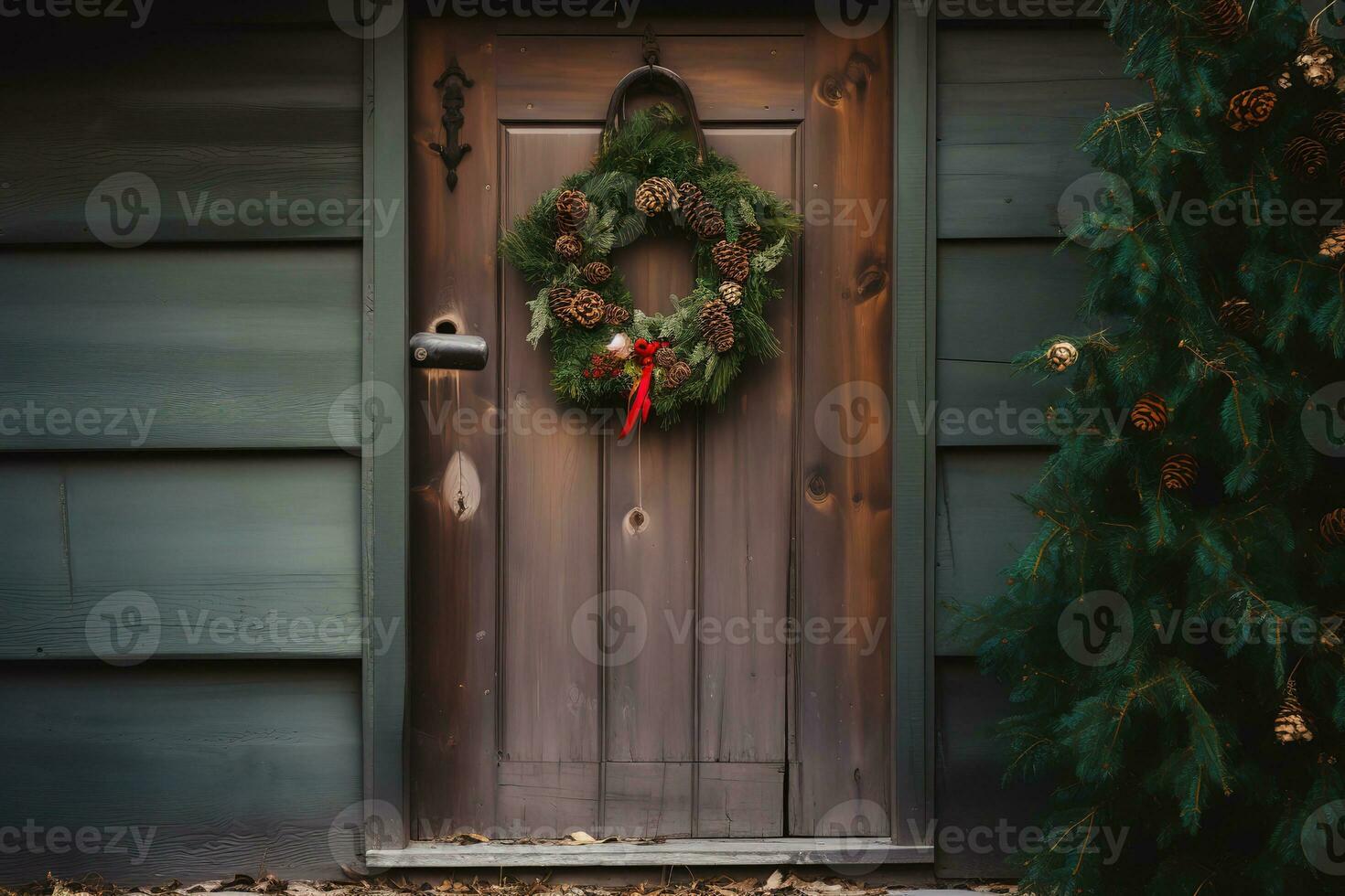 AI generated a door with a wreath on it and a christmas tree photo