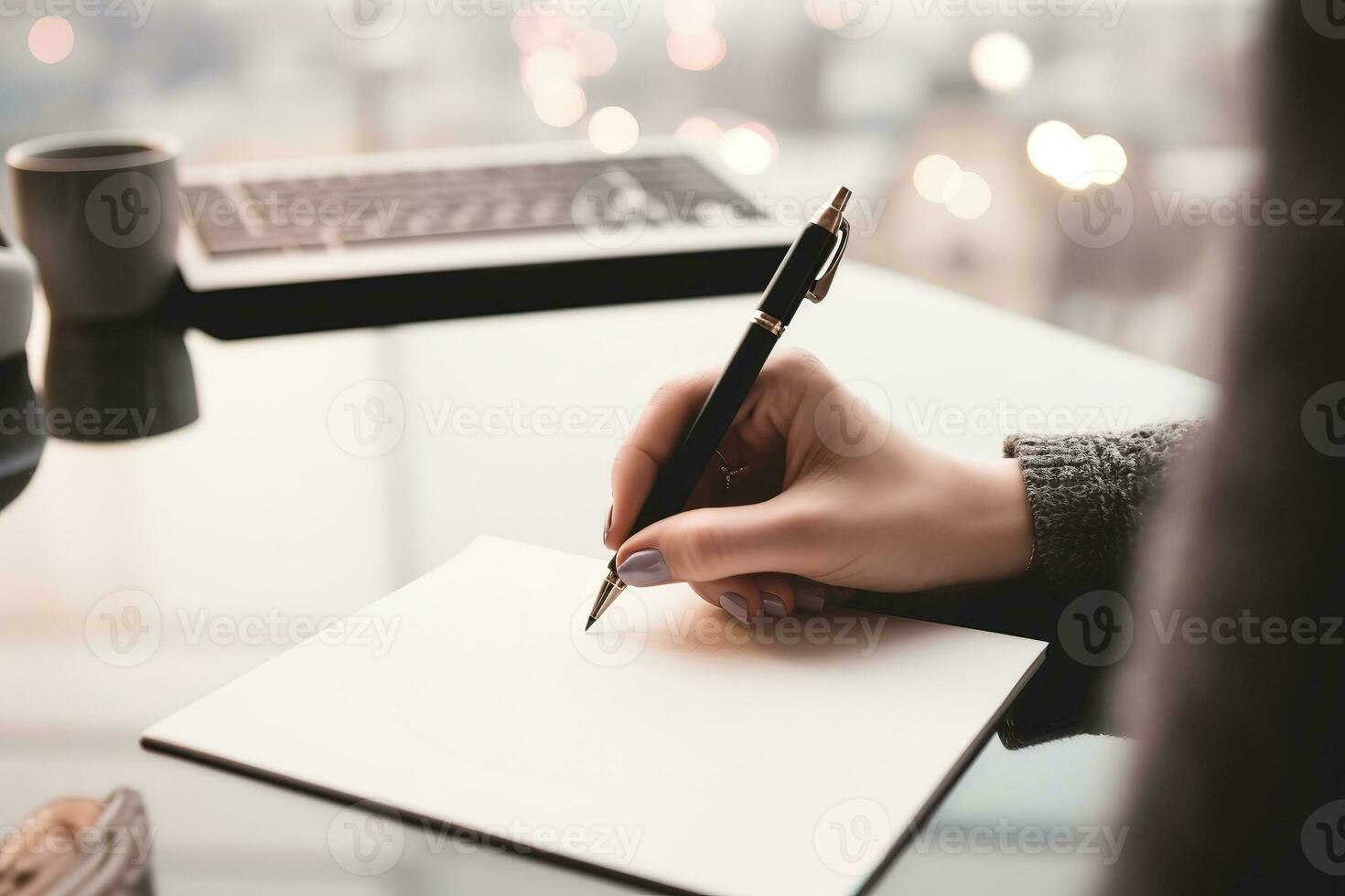 AI generated woman writing on paper with pen in front of laptop photo