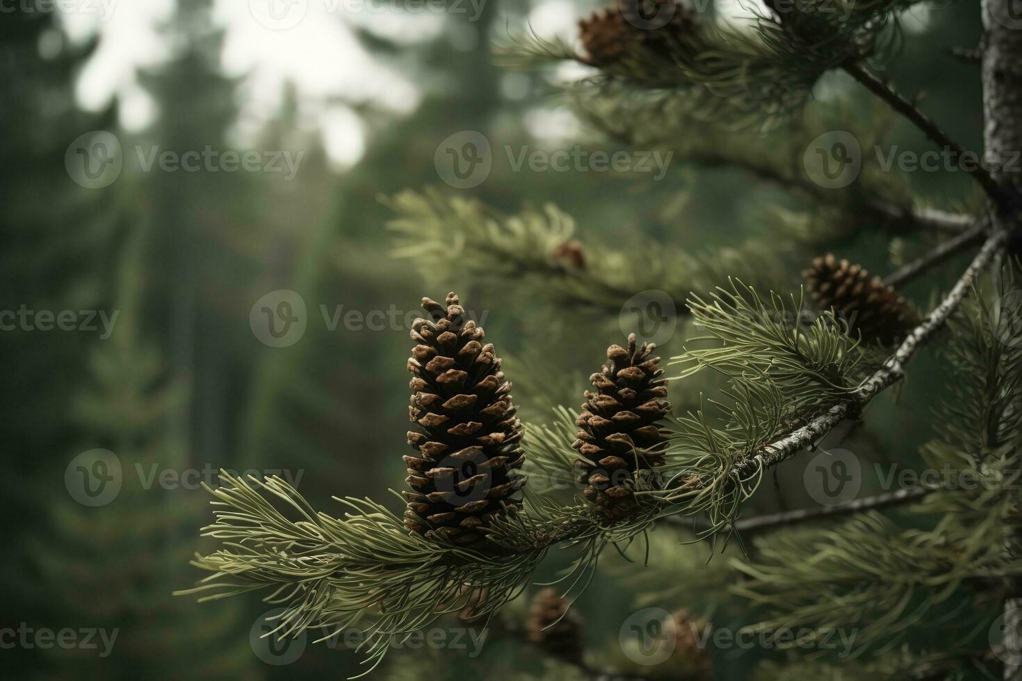 AI generated pine cones on a tree branch in the forest photo