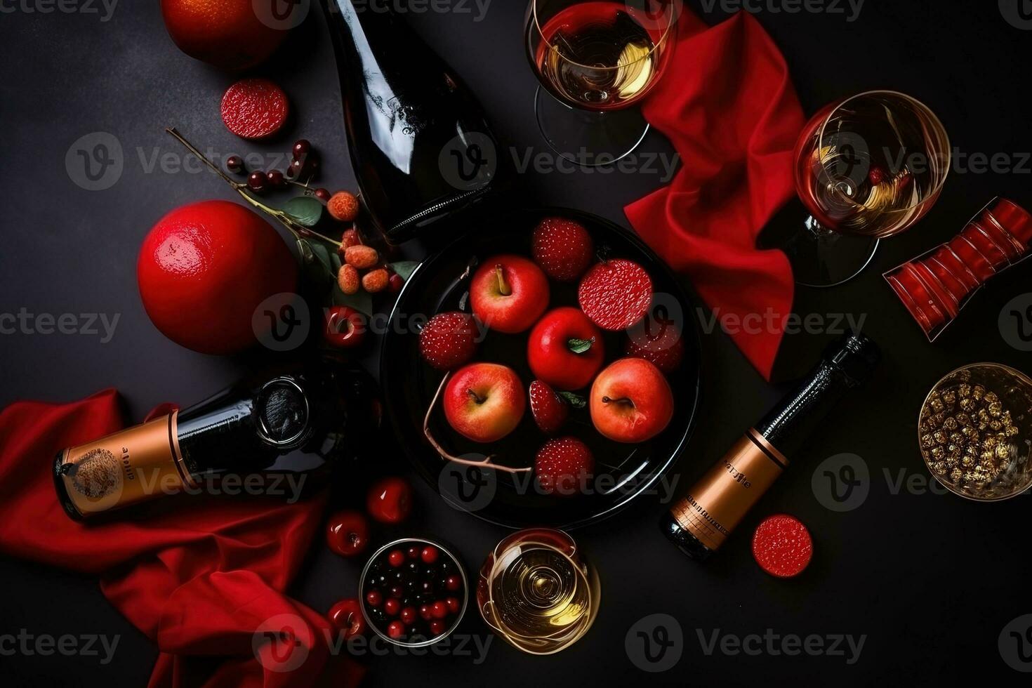 AI generated a table with red cloth, wine glasses, and fruit photo