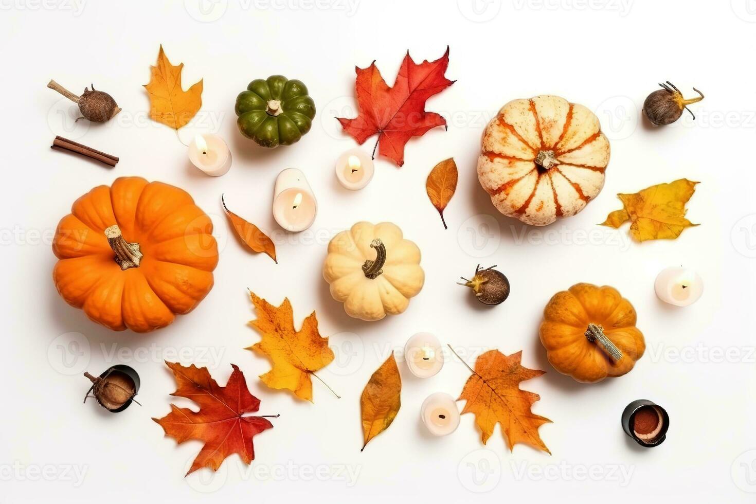 AI generated autumn background with pumpkins, leaves and candles photo