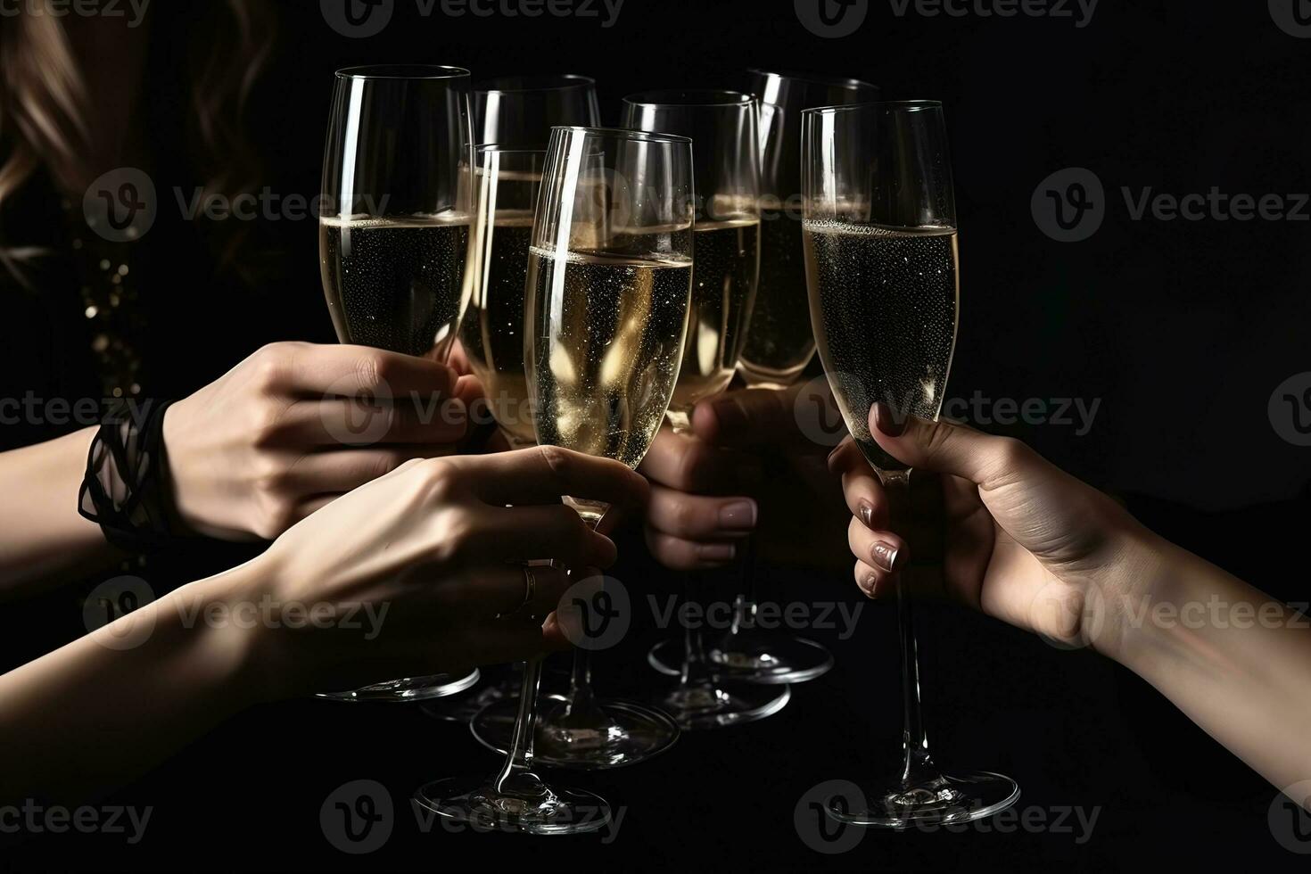 AI generated four people holding up champagne flutes photo