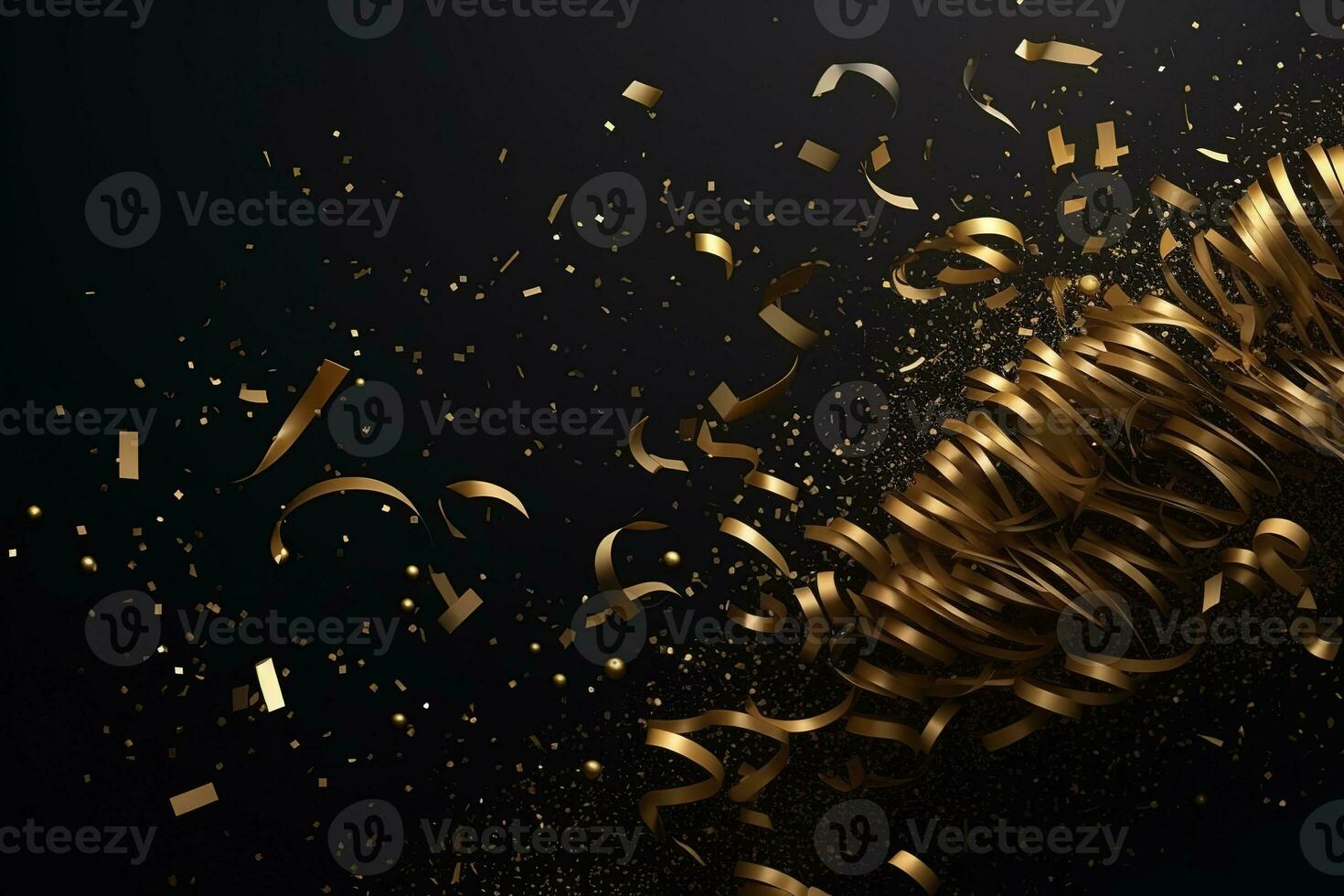 AI generated golden confetti and stream of confetti on black background photo