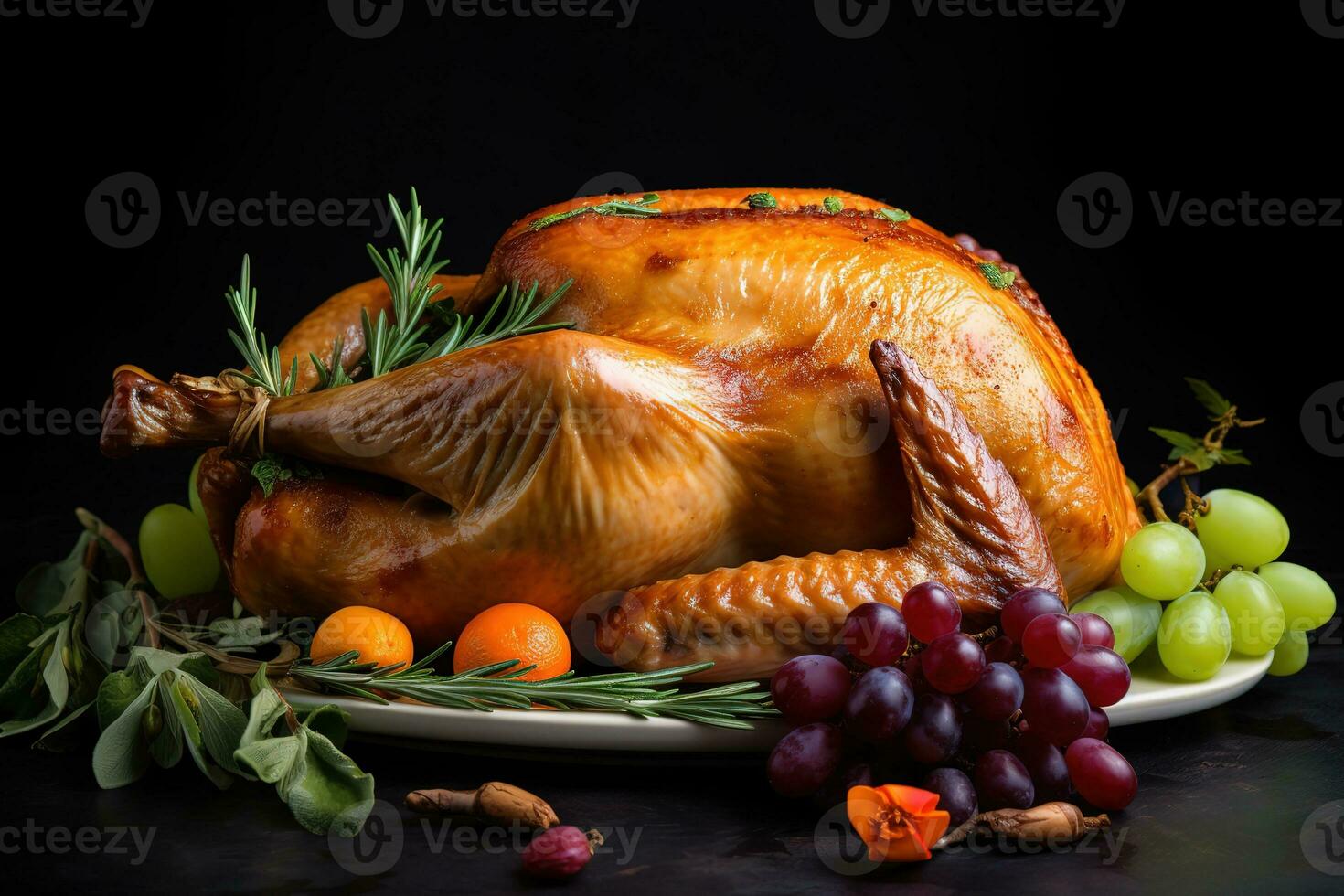 AI generated thanksgiving turkey with grapes and rosemary on a black background photo