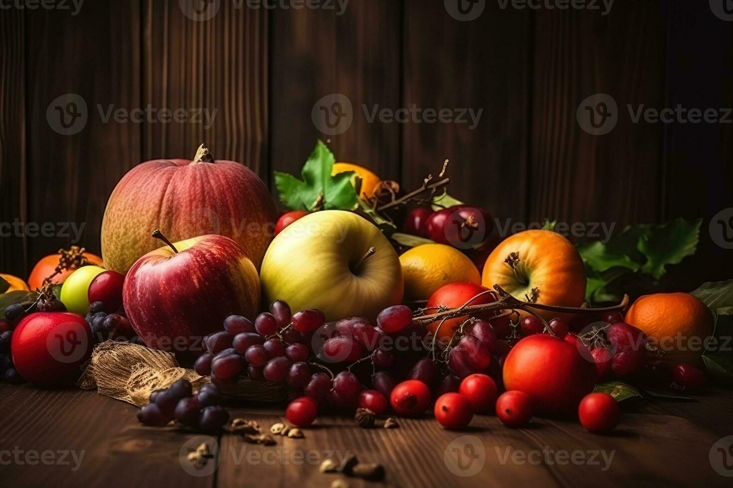 AI generated a pile of fruit and vegetables on a wooden table photo