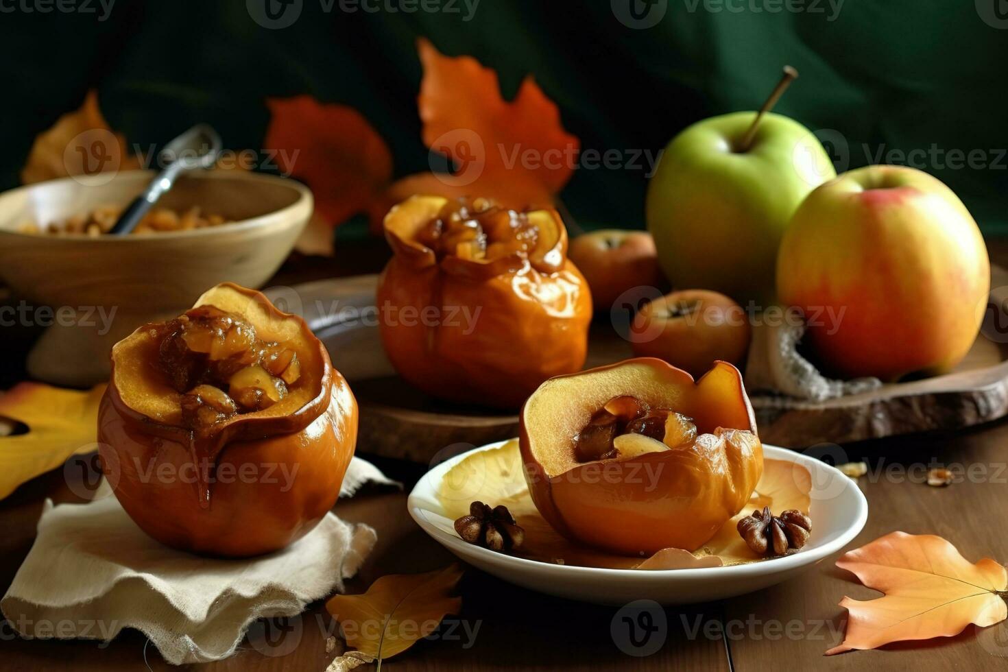 AI generated apple stuffed with caramel and pecans photo