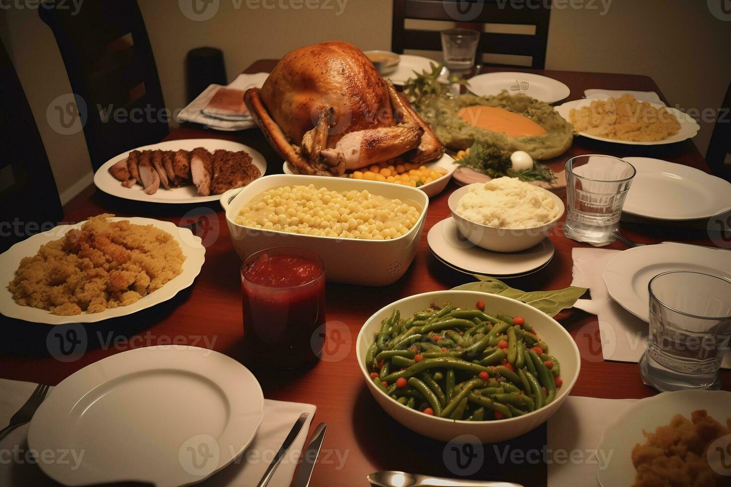 AI generated a table with a turkey, green beans, and other food photo