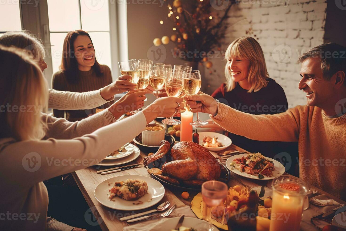 AI generated a group of people toasting at a thanksgiving dinner