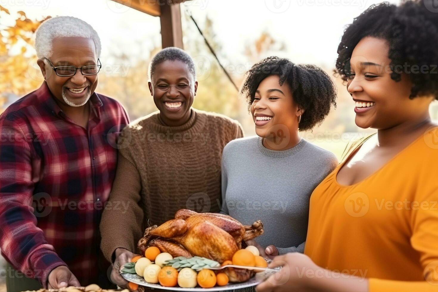 AI generated a family is smiling and holding a turkey photo