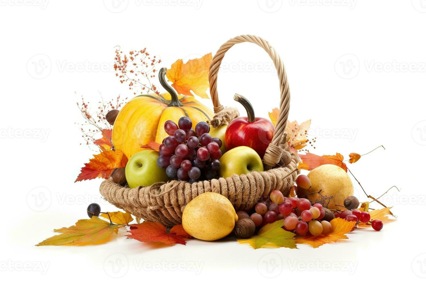 AI generated a basket filled with apples, grapes and other fruits photo