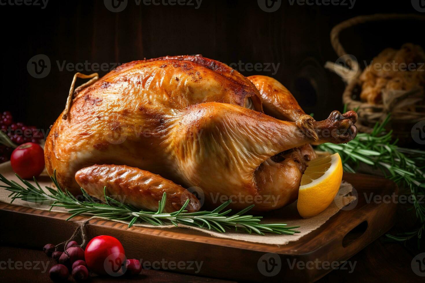 AI generated a roasted turkey on a wooden cutting board with lemon slices photo