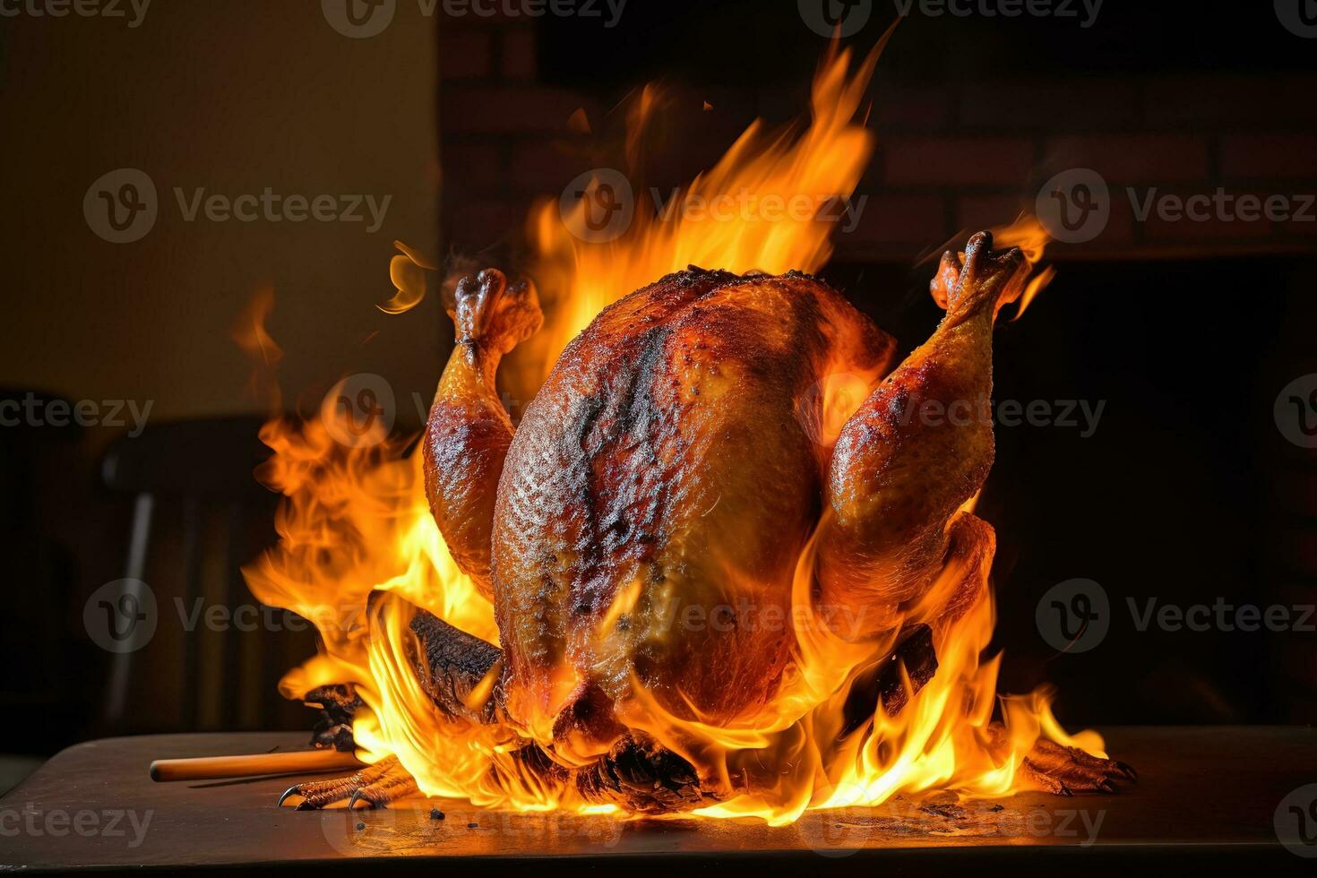 AI generated a roasted turkey on fire in front of a fireplace photo