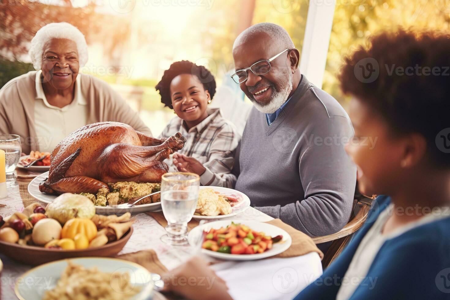 AI generated a family is enjoying a thanksgiving meal together photo