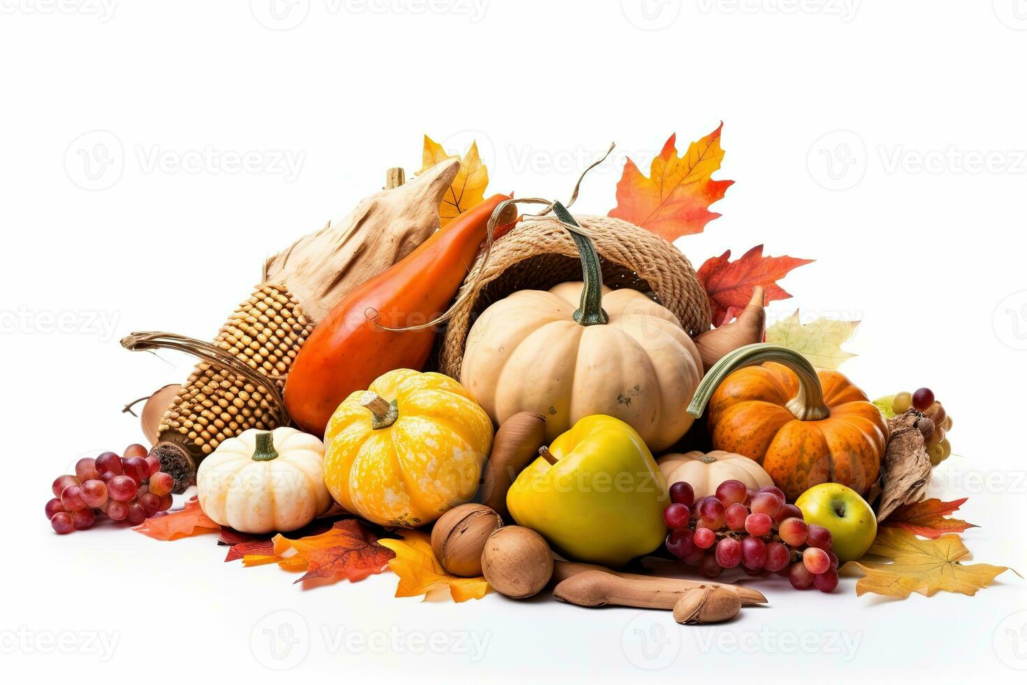 AI generated thanksgiving cornucopia with pumpkins, squash, and other fall fruits photo