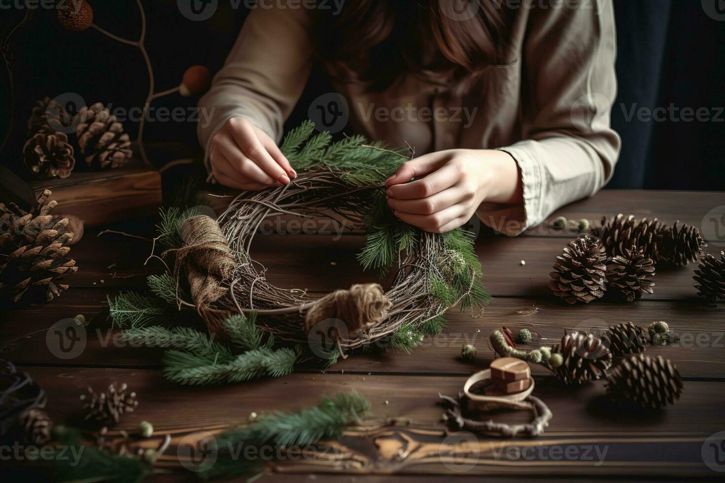 AI generated a woman is making a wreath with pine cones and evergreen branches photo