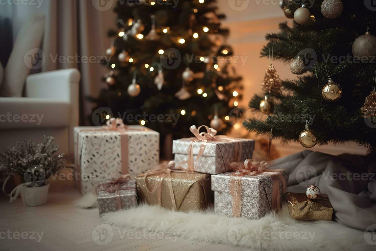 AI generated christmas gifts under the tree photo