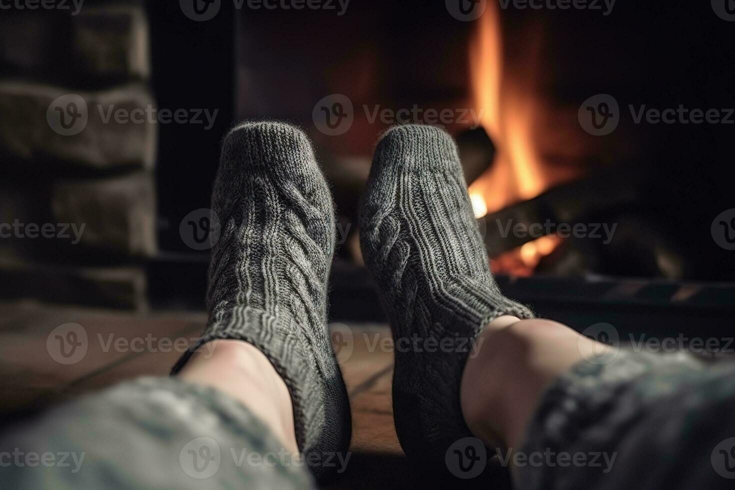 AI generated a person wearing socks and sitting in front of a fireplace photo