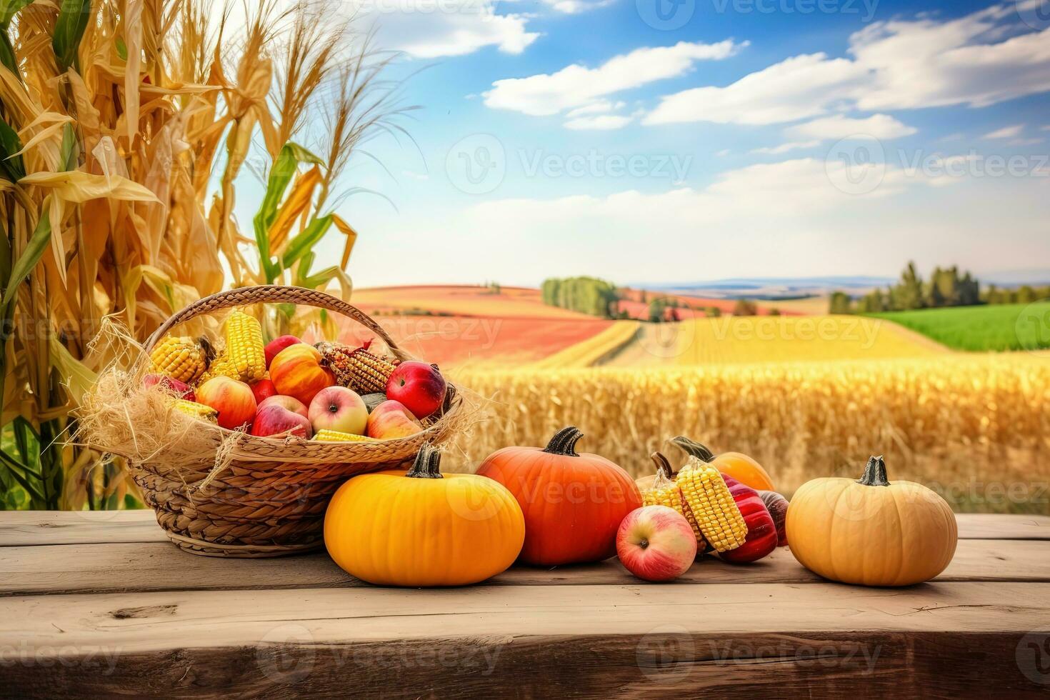 AI generated autumn harvest basket with apples and pumpkins on a table in a field photo