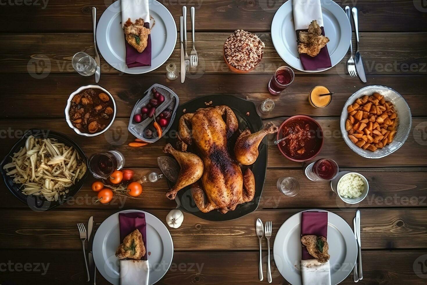 AI generated a table with a turkey, potatoes, and other food photo