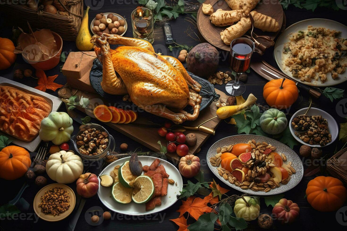 AI generated thanksgiving dinner with turkey, pumpkin, squash, and other foods photo