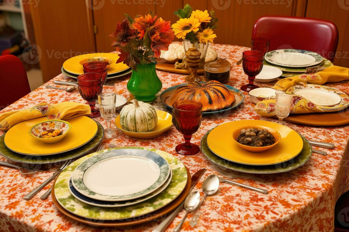 AI generated a table set for thanksgiving with plates, bowls, and utensils photo