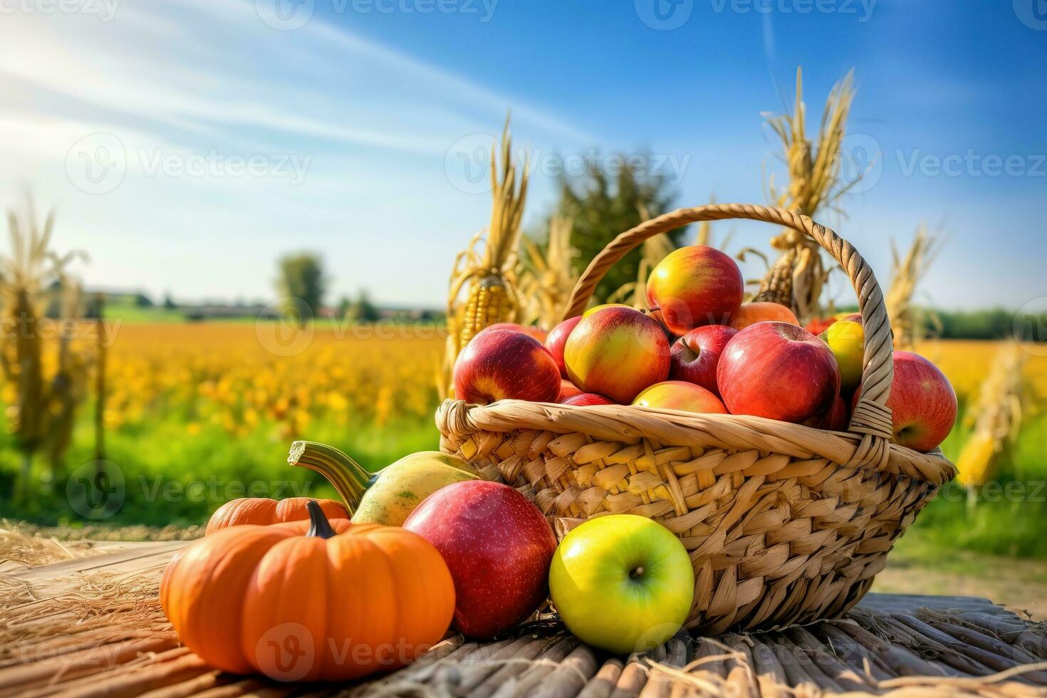 AI generated apples, pumpkins, and apples in a basket on a field photo