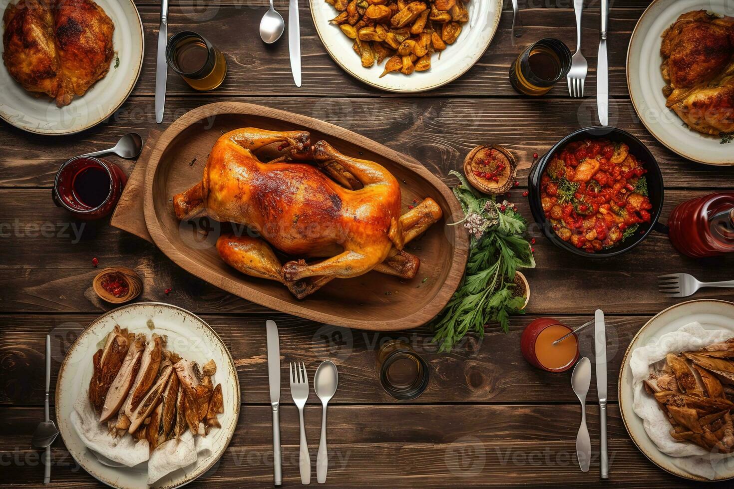 AI generated a table with a roast turkey, potatoes, and other food photo