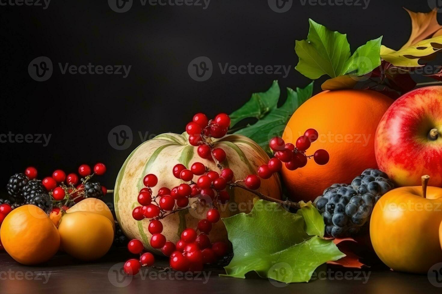 AI generated autumn still life with fruits and vegetables on black background photo
