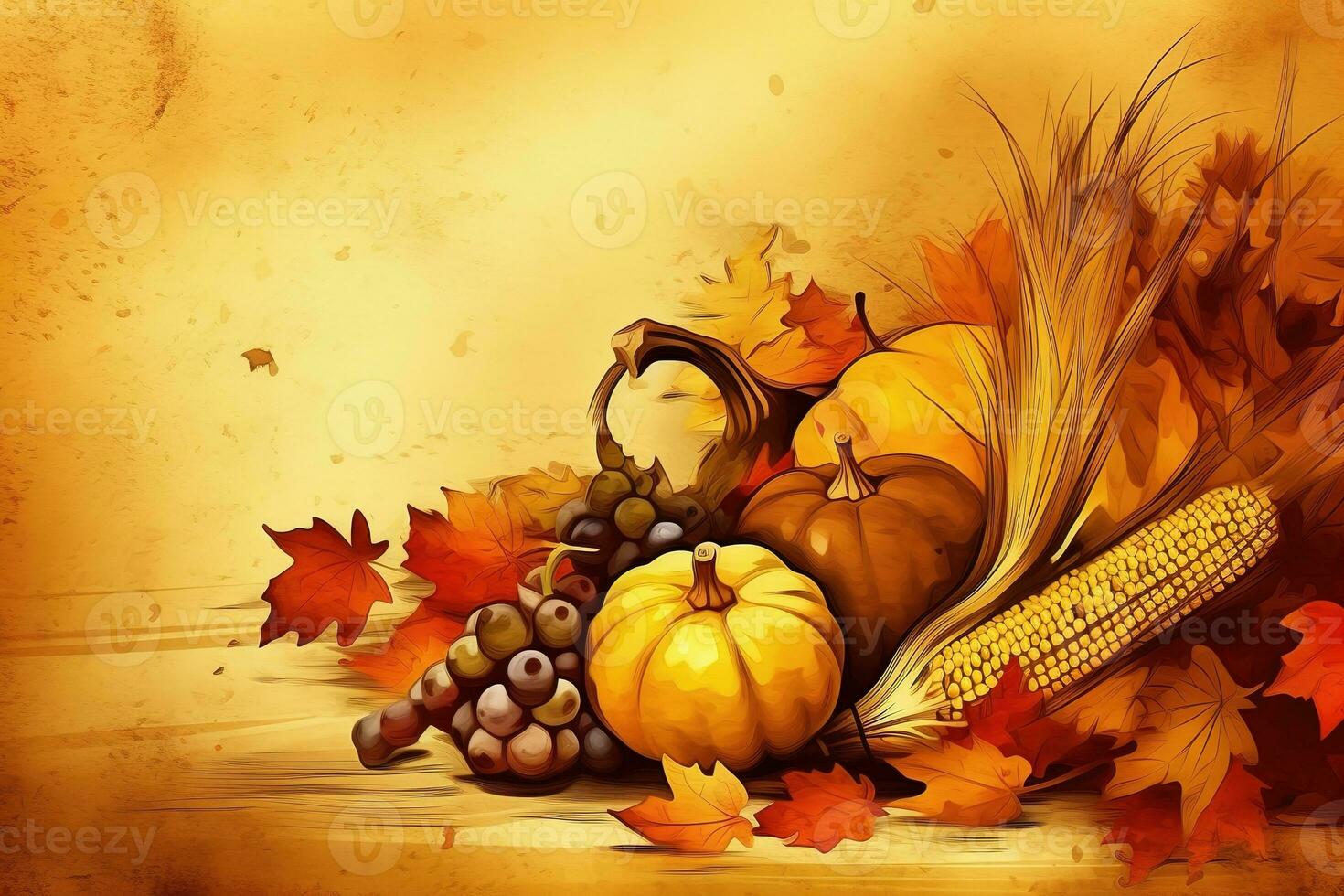 AI generated thanksgiving background with corn, pumpkins and leaves photo