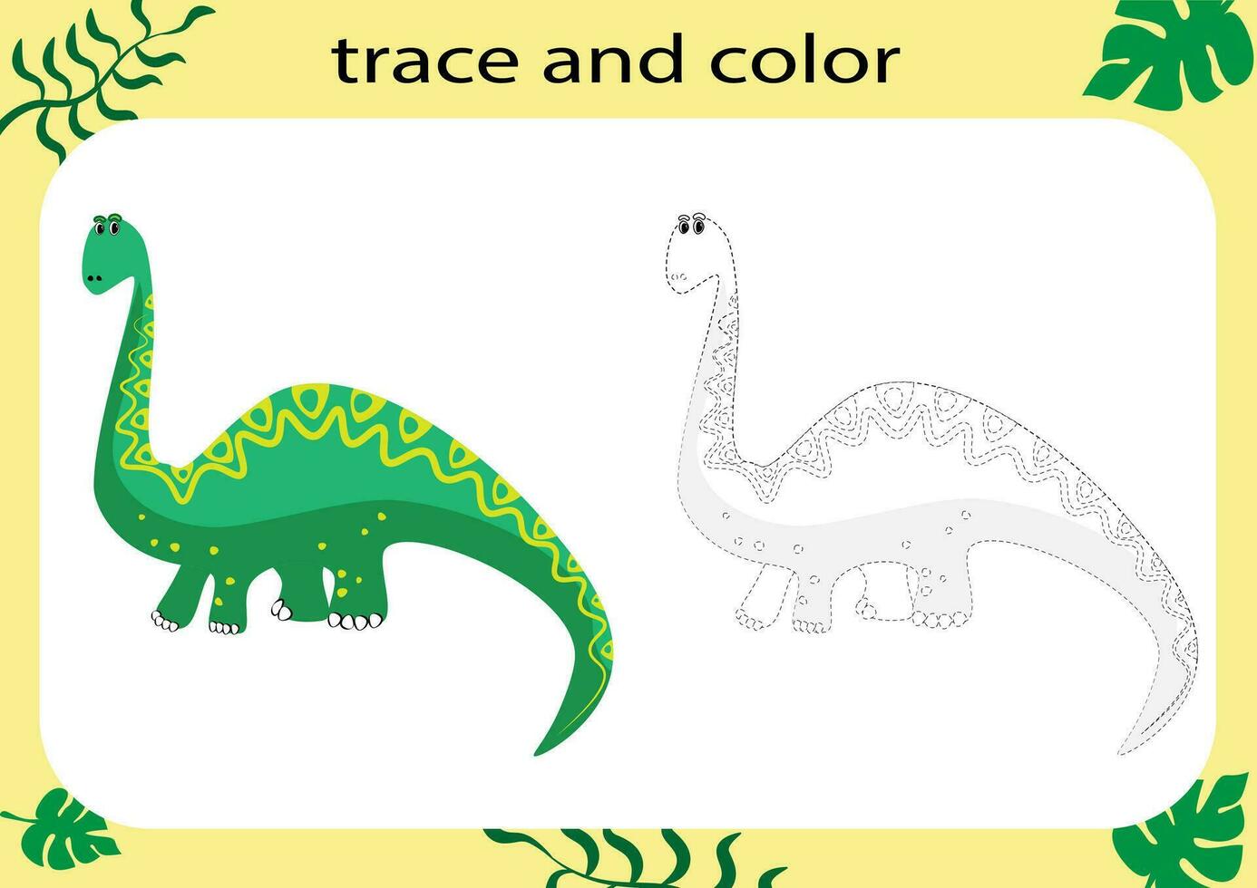 Trace and color the cartoon dinosaur. Handwriting practice for kids. Educational worksheet for children. Printable worksheet. Vector illustration.