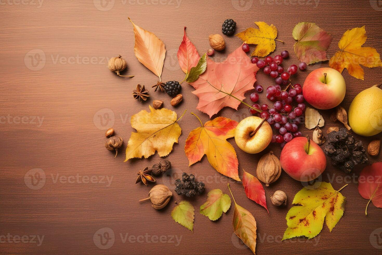 AI generated autumn fruits and nuts on a wooden table photo