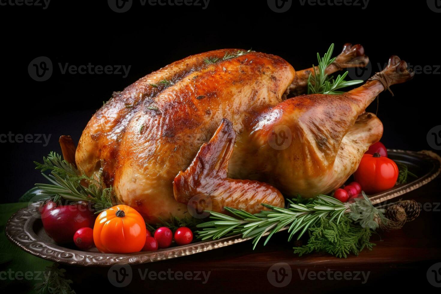 AI generated a large turkey with vegetables and herbs on a platter photo