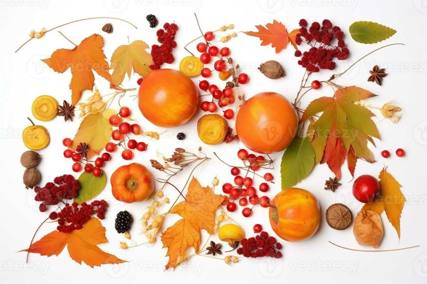 AI generated autumn fruits and vegetables arranged in a circle on a white background photo