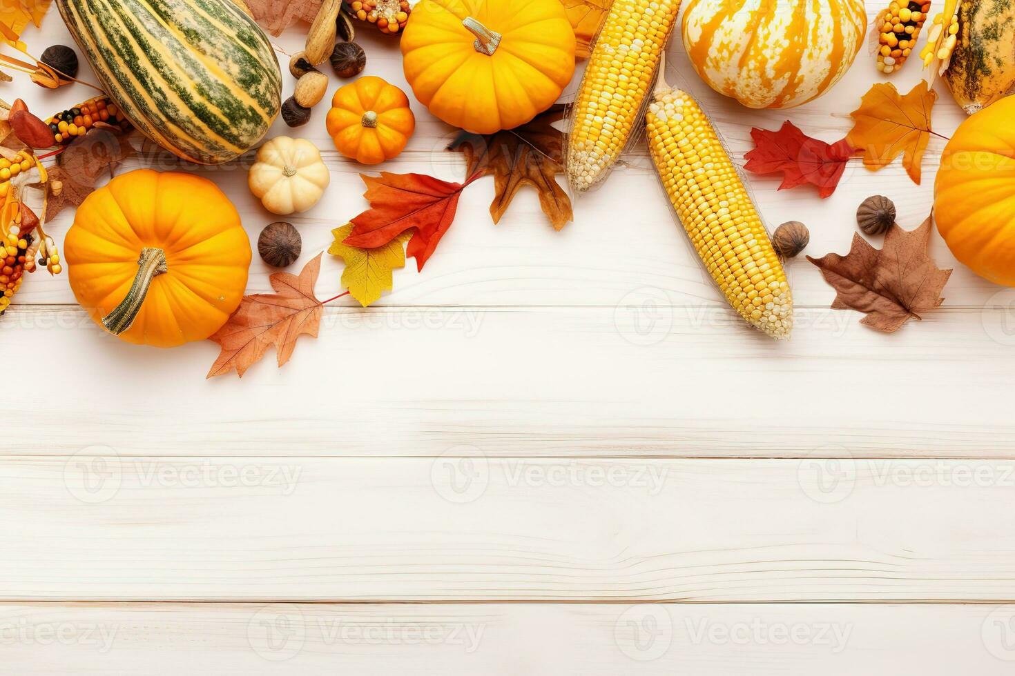 AI generated autumn harvest background with pumpkins, corn and leaves photo