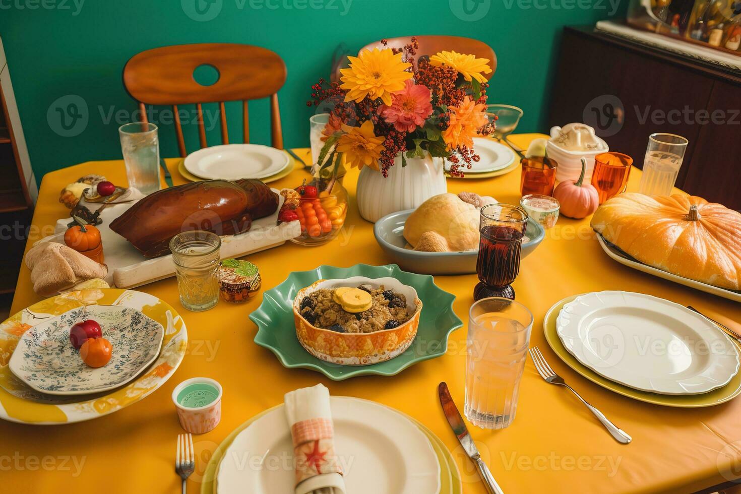 AI generated a table set for thanksgiving with a turkey, pumpkin, and other food photo